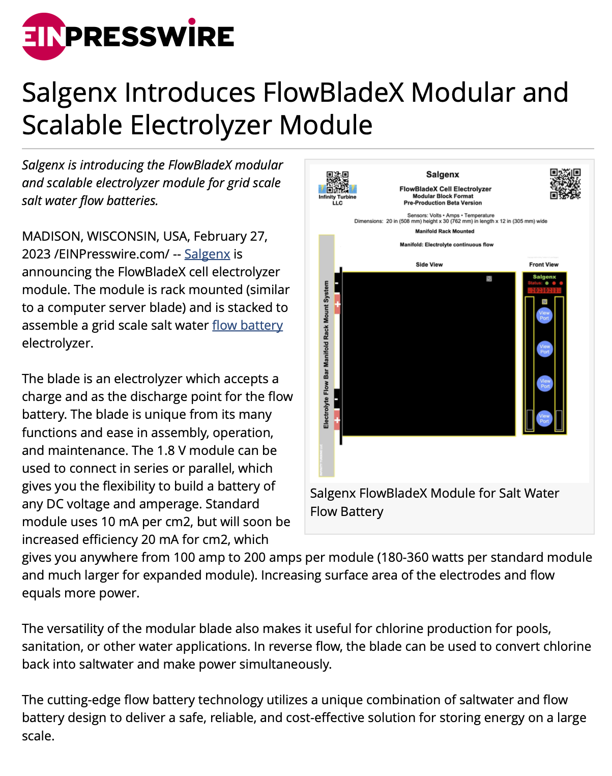 Salgenx Introduces FlowBladeX Modular and Scalable Electrolyzer Module