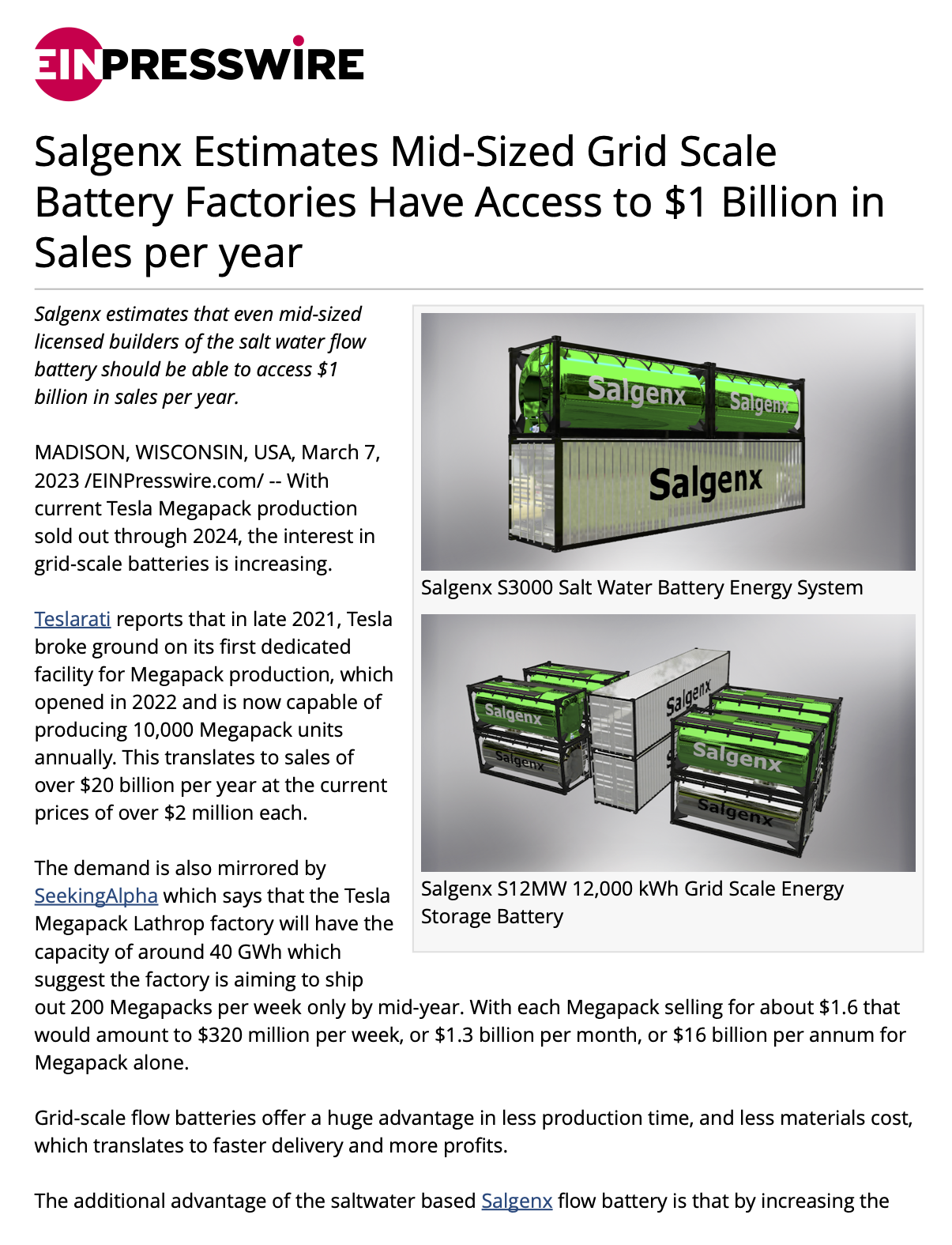 Salgenx Estimates Mid-Sized Grid Scale Battery Factories Have Access to $1 Billion in Sales per year