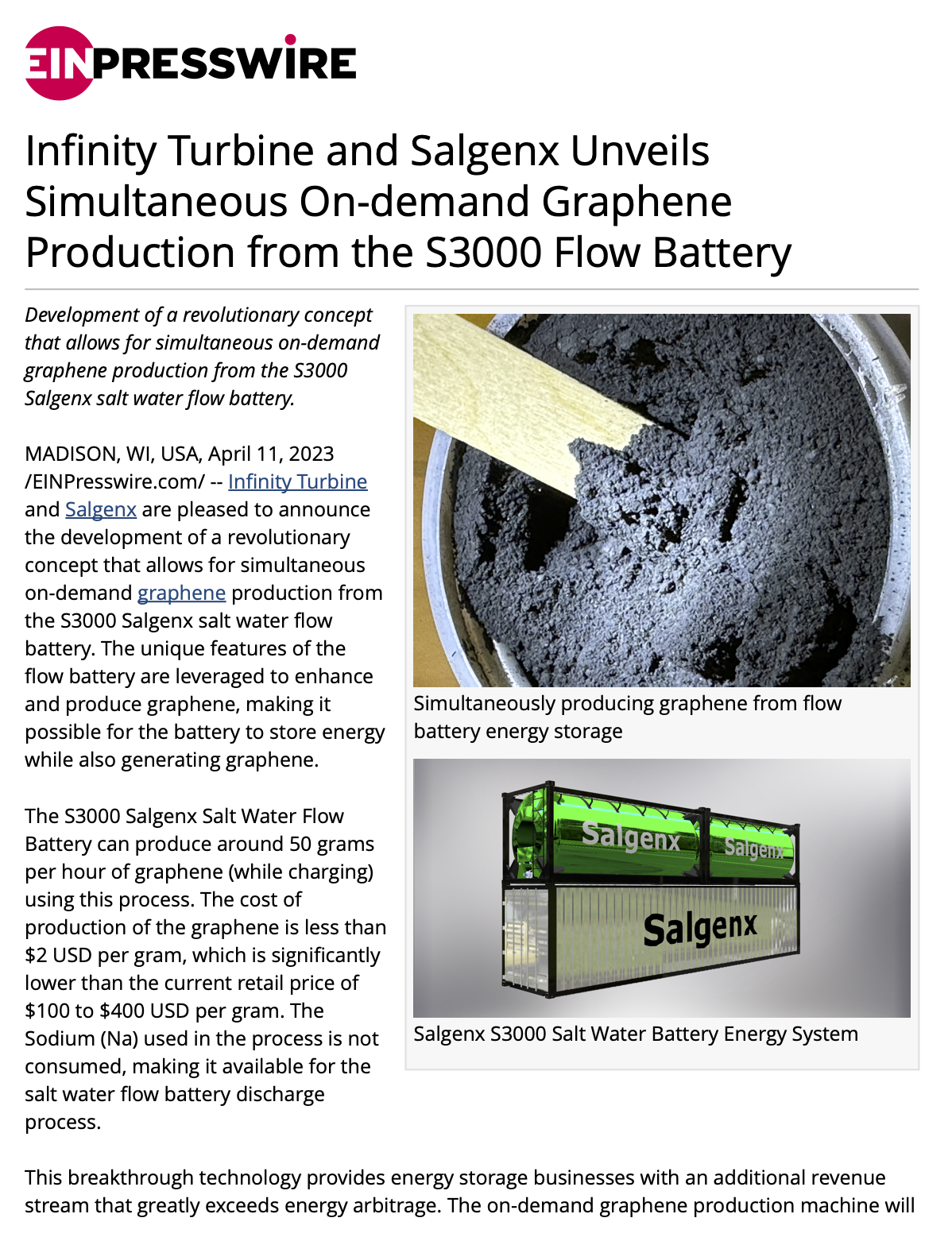 Infinity Turbine and Salgenx Unveils Simultaneous On-demand Graphene Production from the S3000 Flow Battery