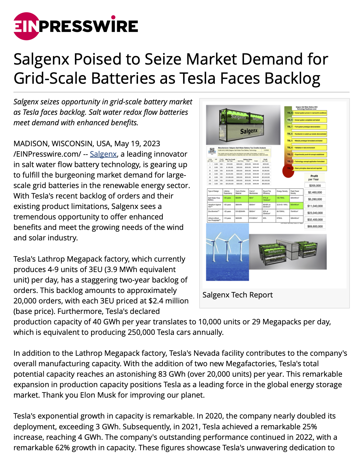 Salgenx Poised to Seize Market Demand for Grid-Scale Batteries as Tesla Faces Backlog