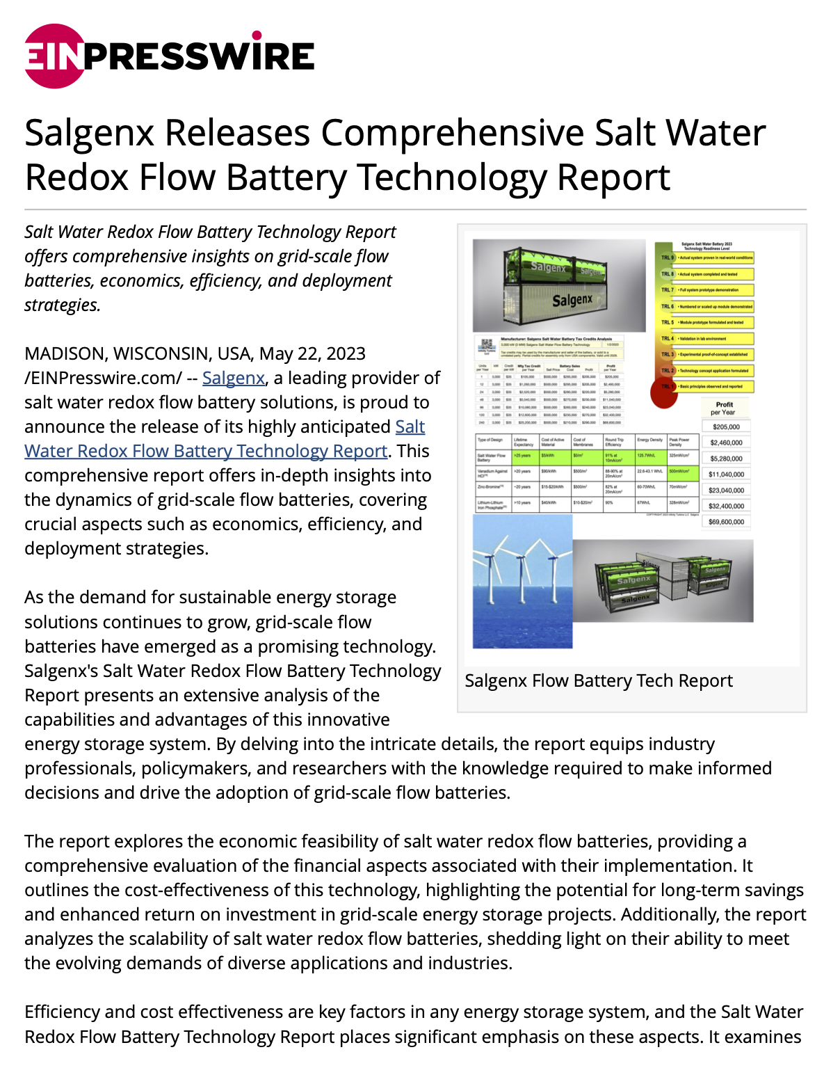Salgenx Releases Comprehensive Salt Water Redox Flow Battery Technology Report