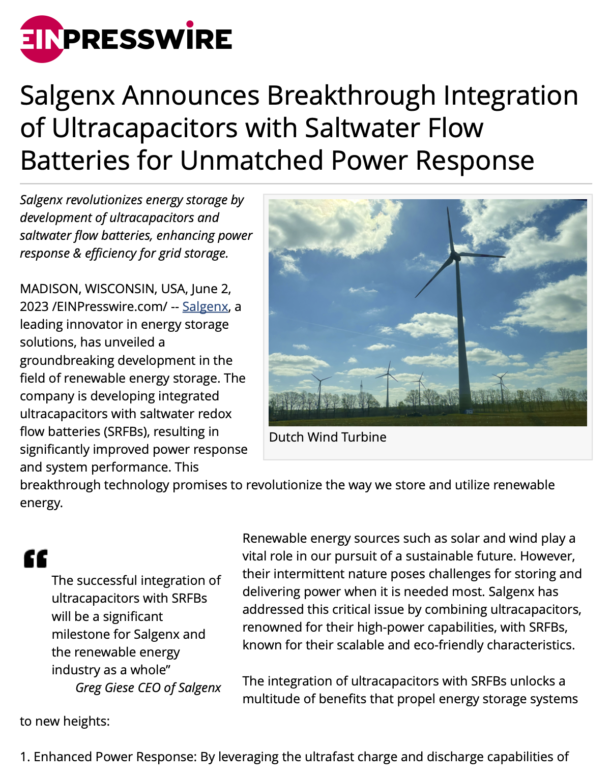 Salgenx Announces Breakthrough Integration of Ultracapacitors with Saltwater Flow Batteries for Unmatched Power Response