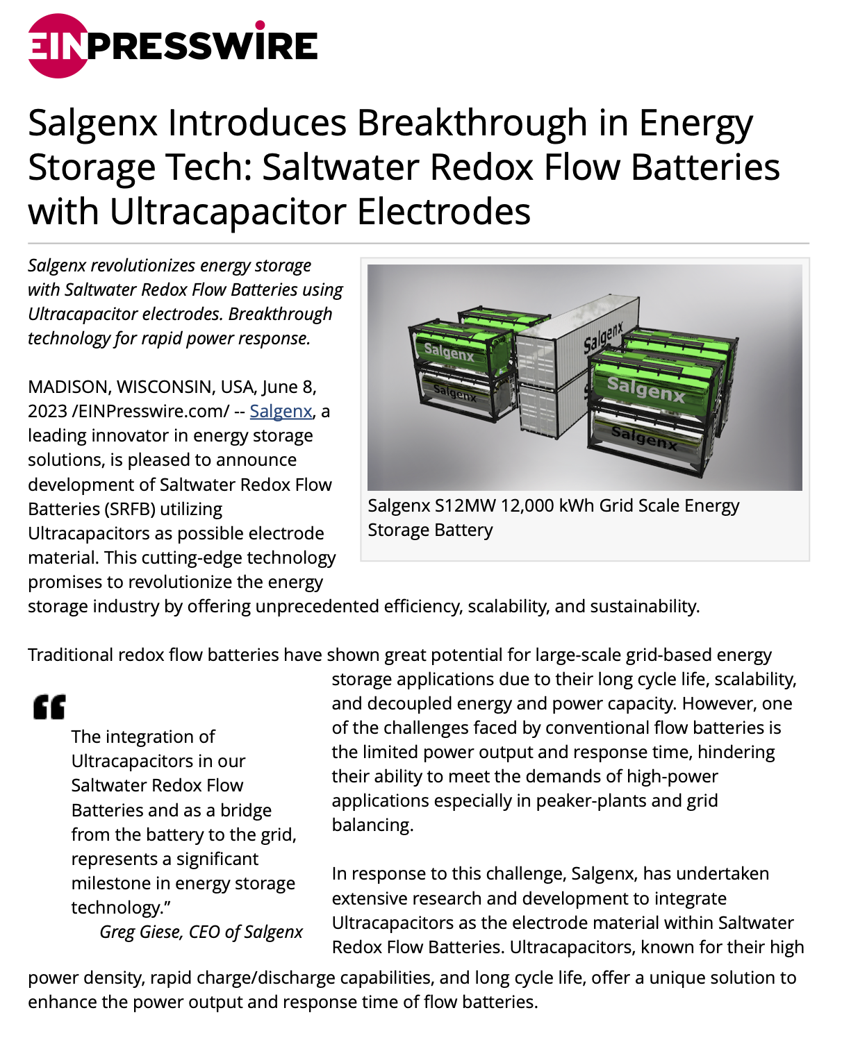 Salgenx Introduces Breakthrough in Energy Storage Tech: Saltwater Redox Flow Batteries with Ultracapacitor Electrodes