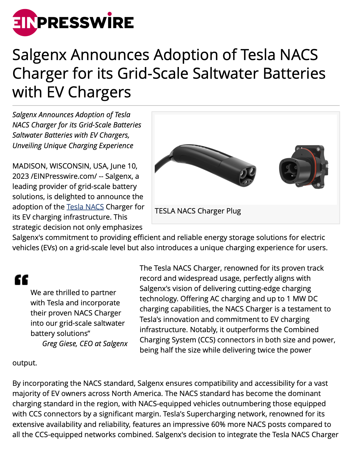 Salgenx Announces Adoption of Tesla NACS
Charger for its Grid-Scale Saltwater Batteries with EV Chargers