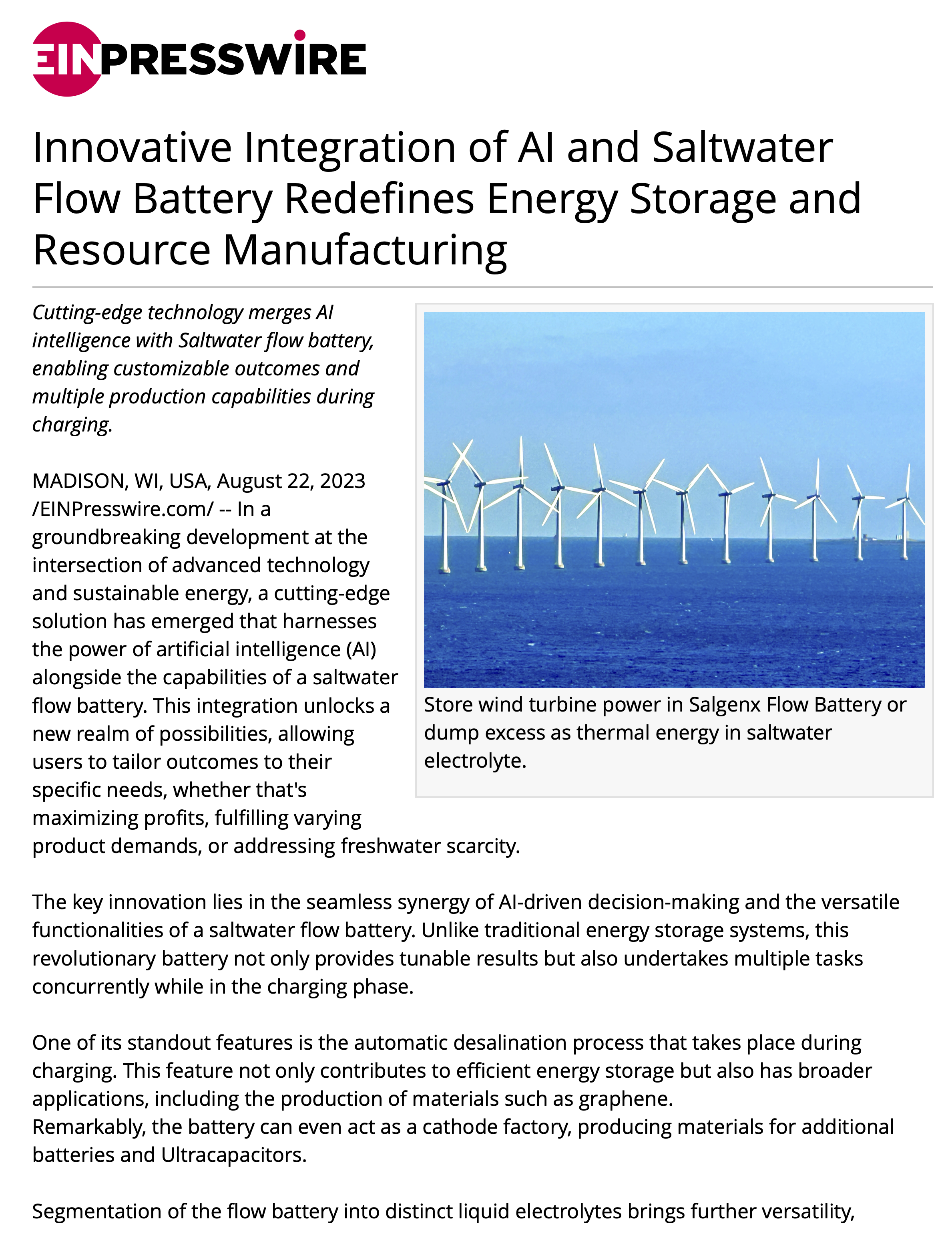 Innovative Integration of AI and Saltwater Flow Battery Redefines Energy Storage and Resource Manufacturing