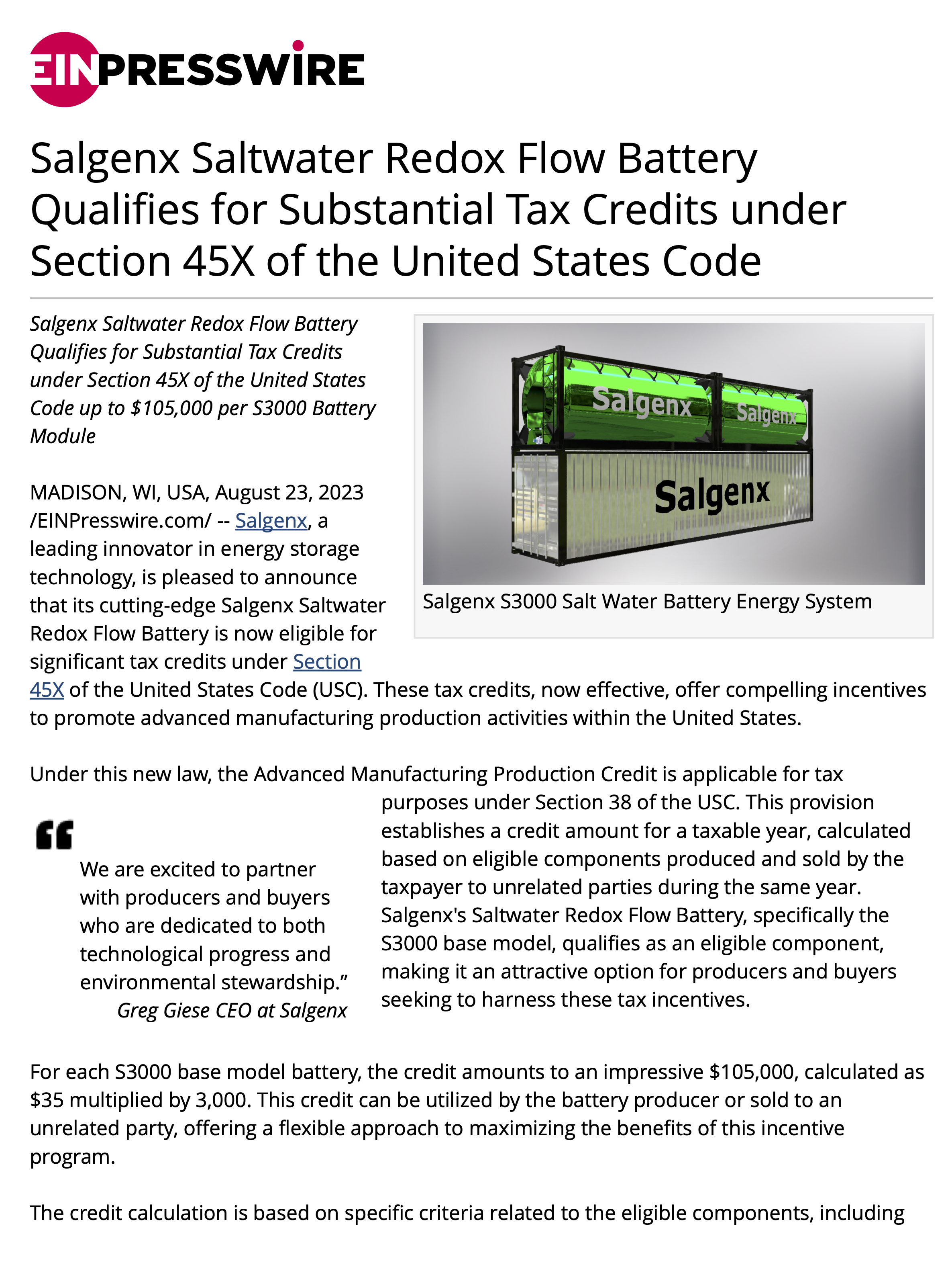 Salgenx Saltwater Redox Flow Battery Qualifies for Substantial Tax Credits under Section 45X of the United States Code up to $105,000 per S3000 Battery