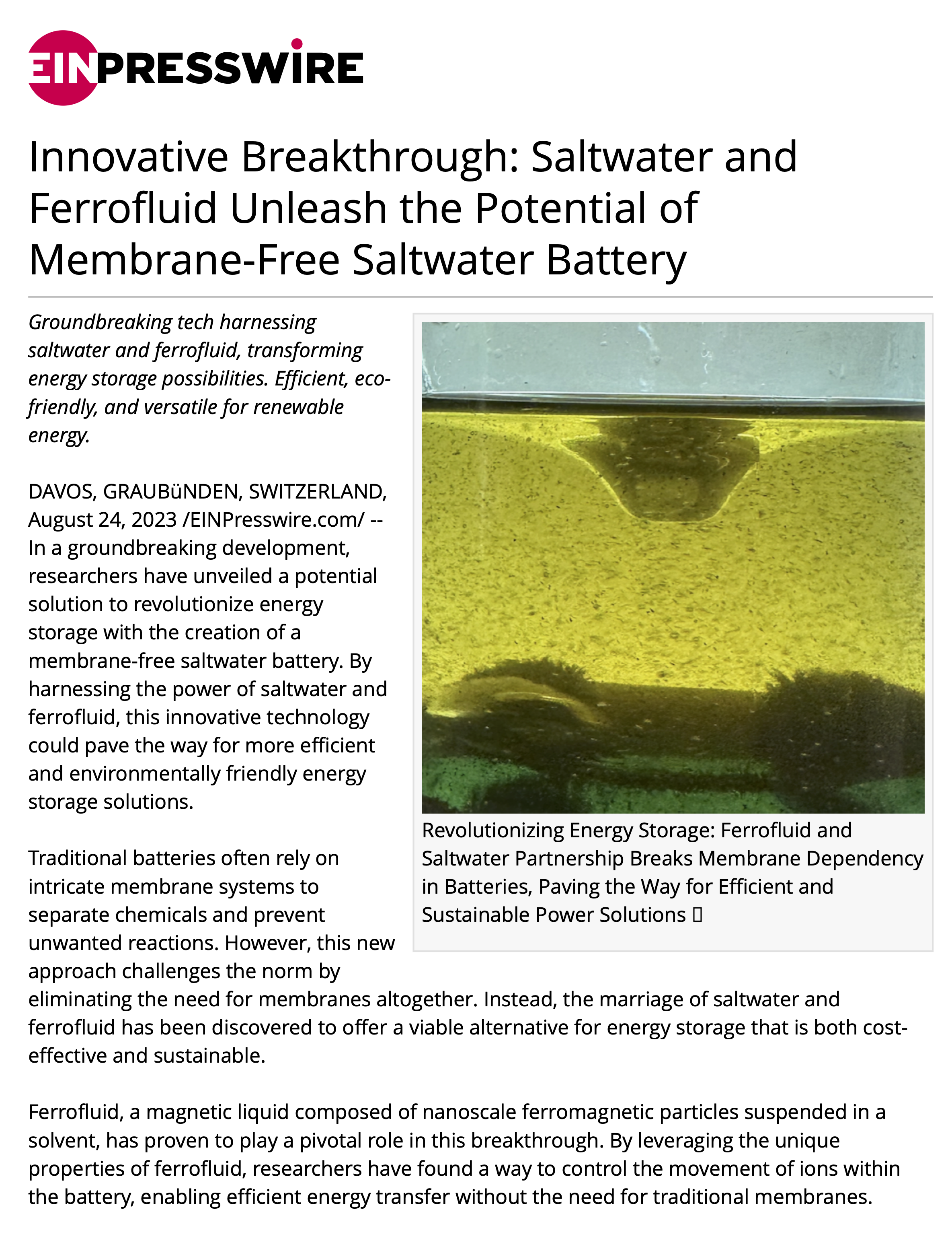 Innovative Breakthrough: Saltwater and Ferrofluid Unleash the Potential of Membrane-Free Saltwater Battery