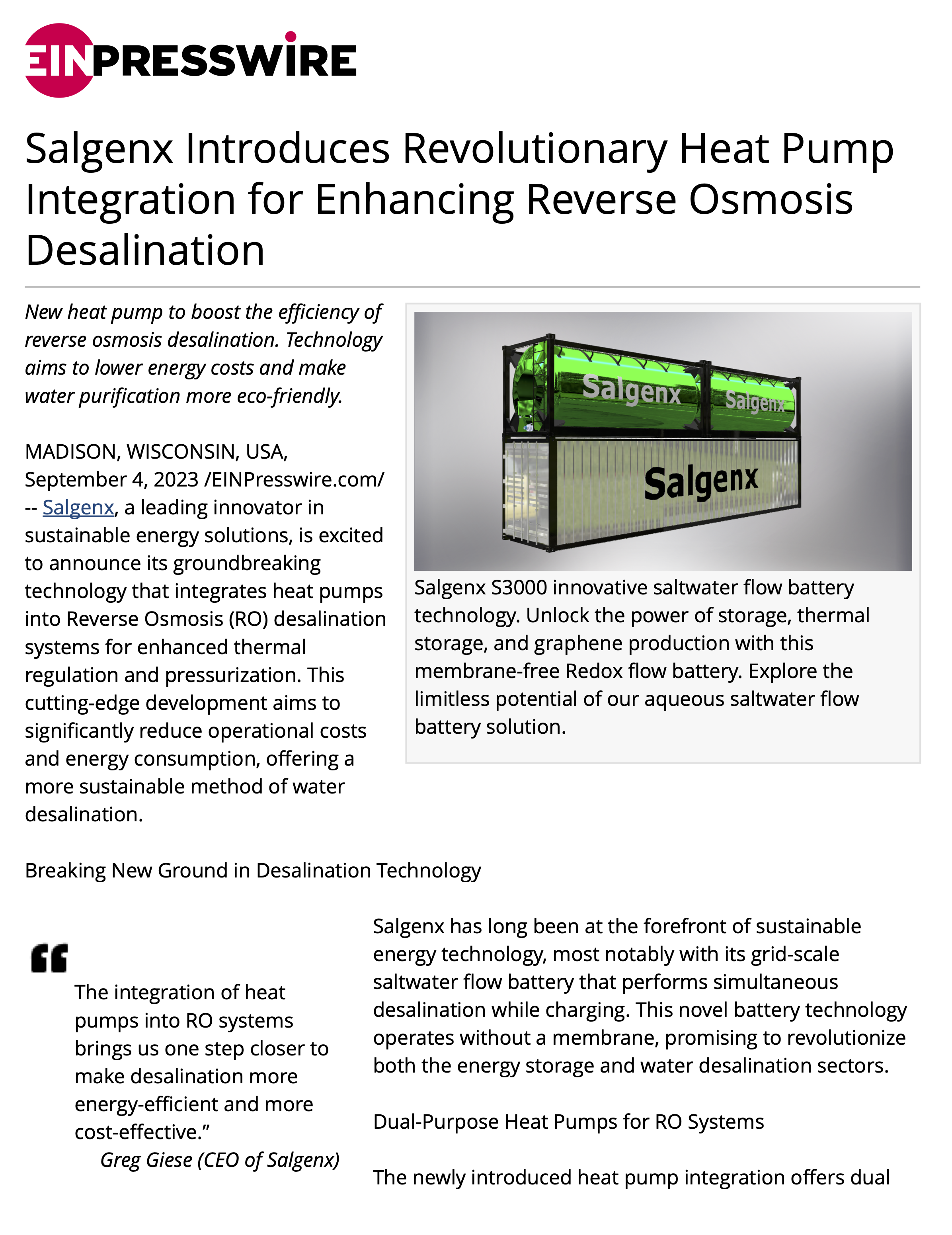 Salgenx Introduces Revolutionary Heat Pump Integration for Enhancing Reverse Osmosis Desalination