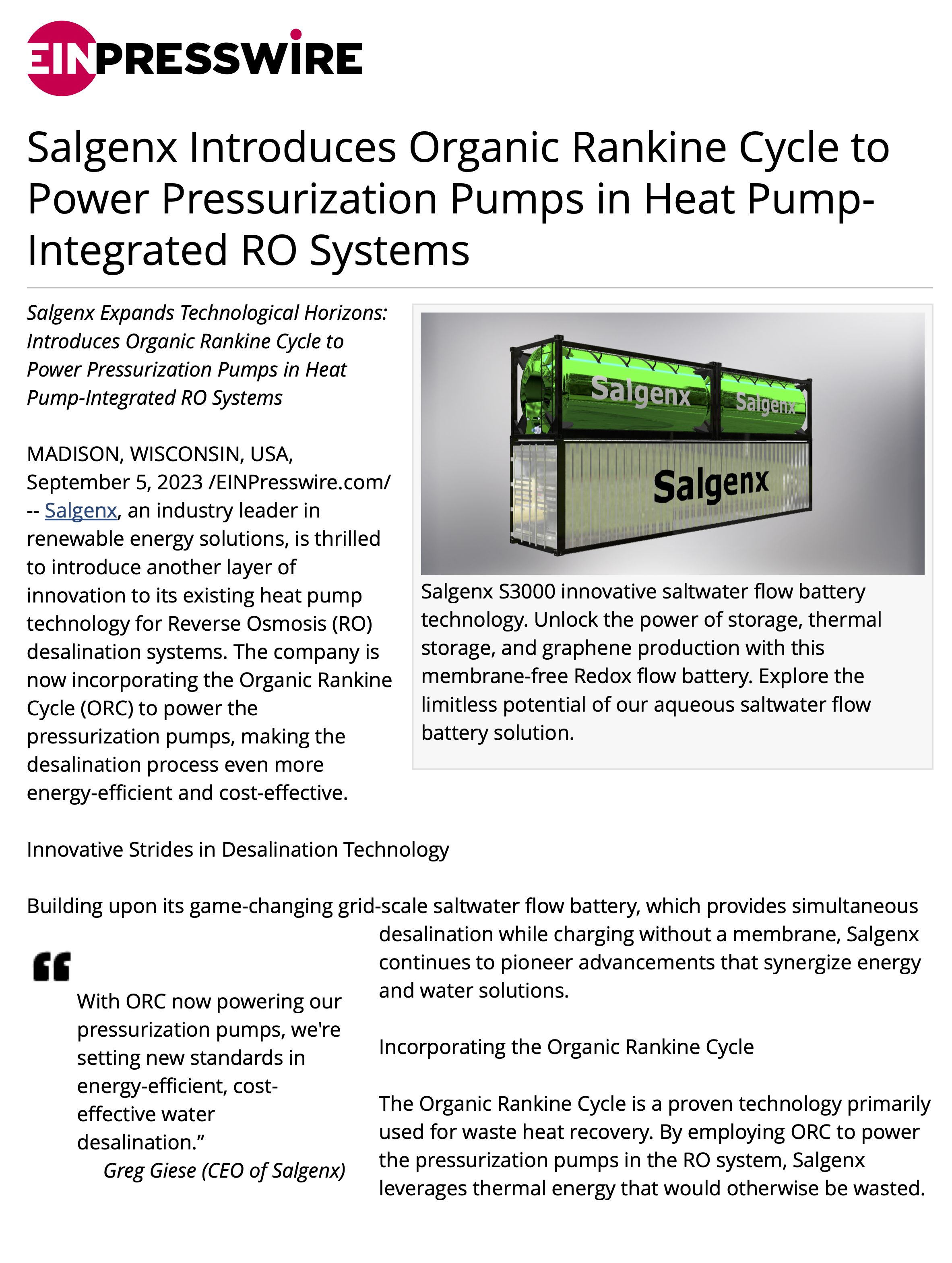 Salgenx Introduces Organic Rankine Cycle to Power Pressurization Pumps in Heat Pump- Integrated RO Systems