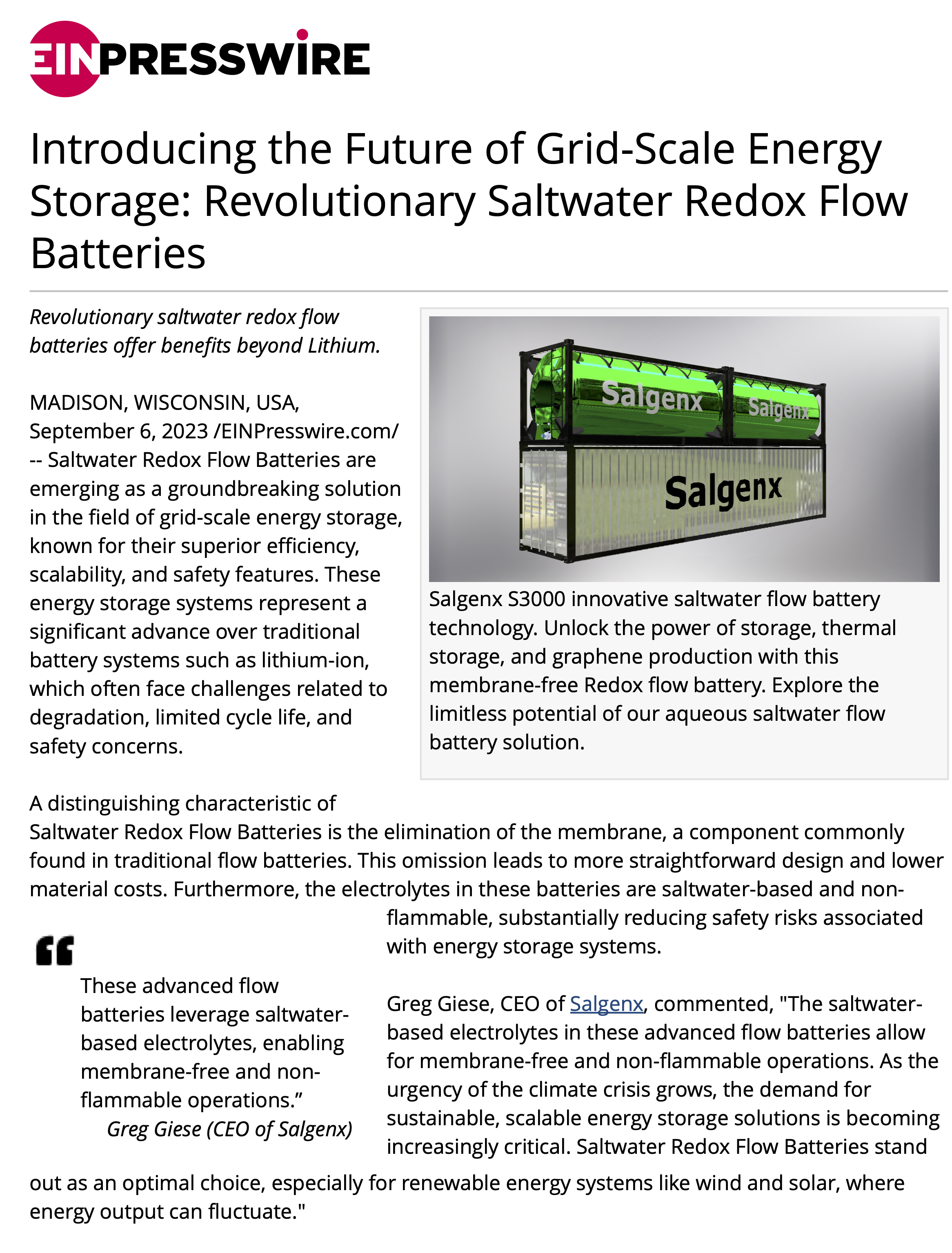 Introducing the Future of Grid-Scale Energy Storage: Revolutionary Saltwater Redox Flow Batteries