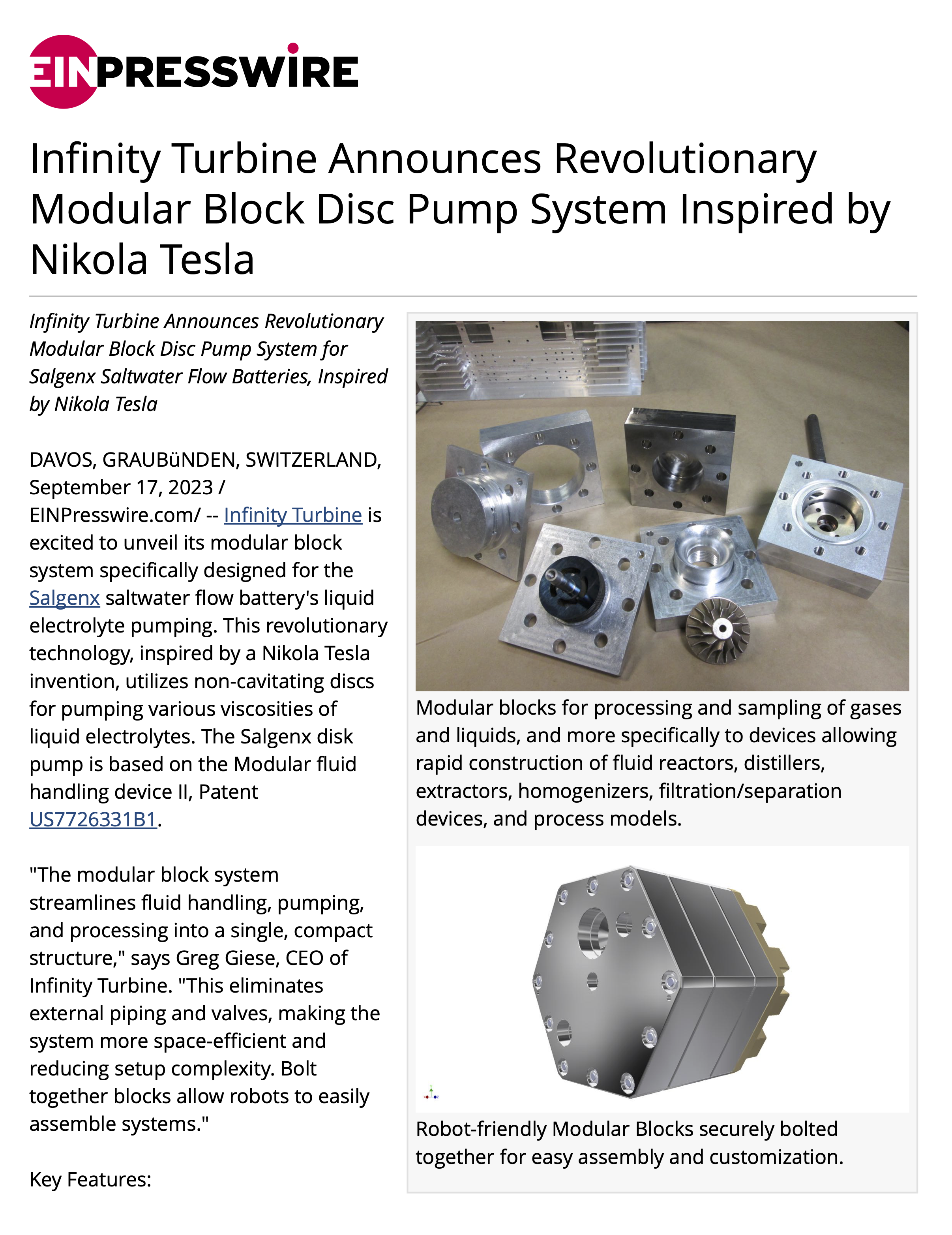 Infinity Turbine Announces Revolutionary Modular Block Disc Pump System Inspired by Nikola Tesla