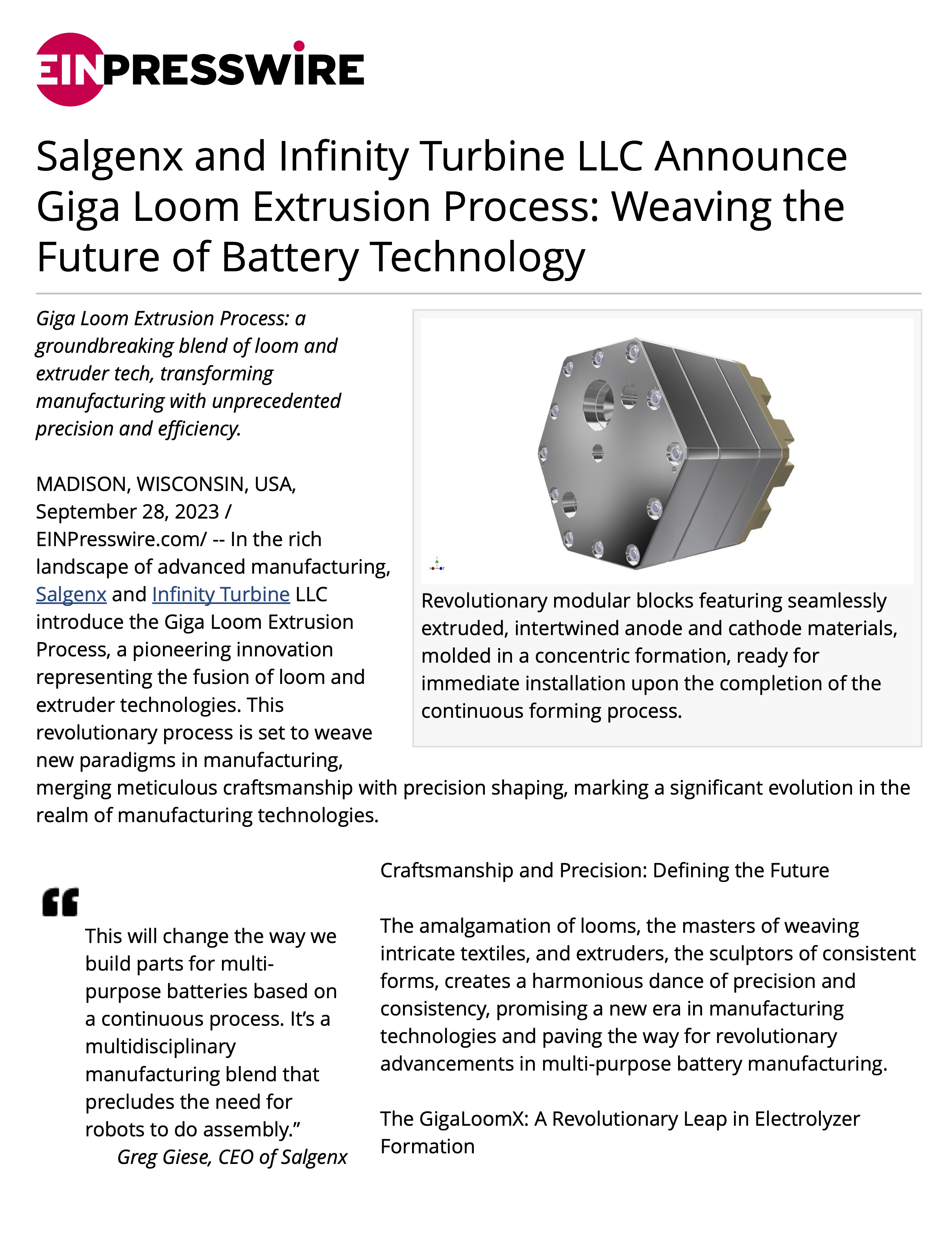 Salgenx and Infinity Turbine LLC Announce Giga Loom Extrusion Process: Weaving the Future of Battery Technology