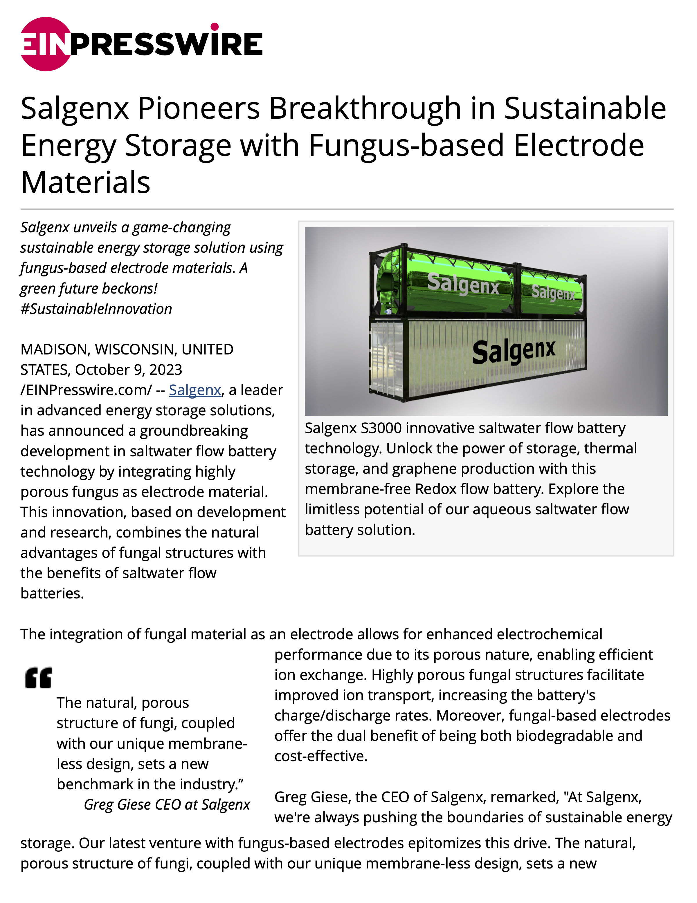 Salgenx Pioneers Breakthrough in Sustainable Energy Storage with Fungus-based Electrode Materials