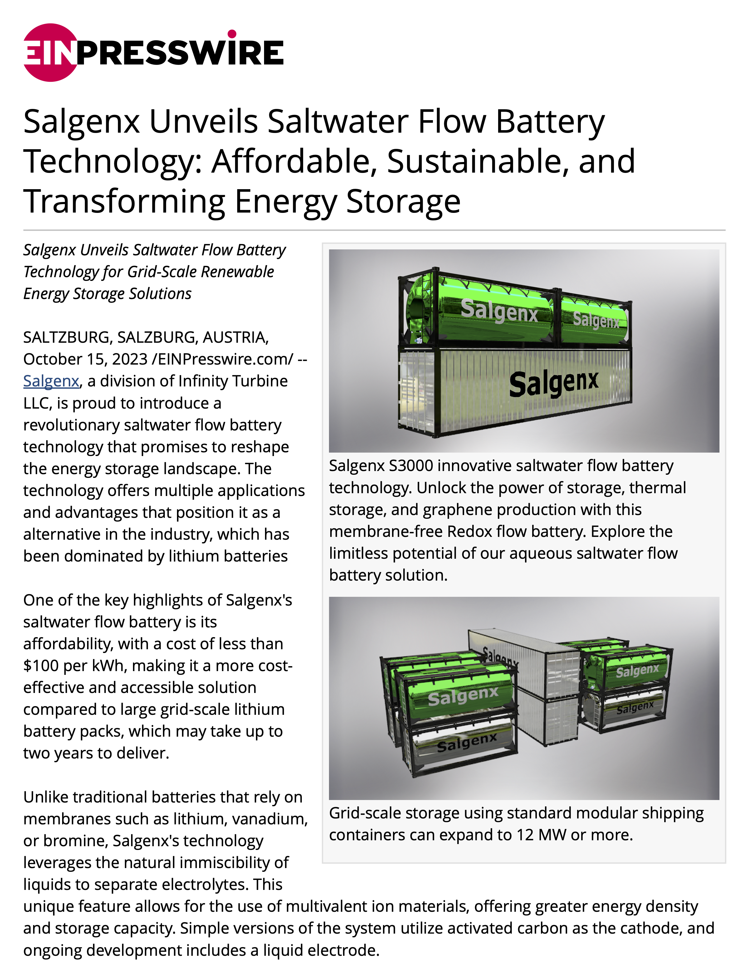 Salgenx Unveils Saltwater Flow Battery Technology: Affordable, Sustainable, and Transforming Energy Storage