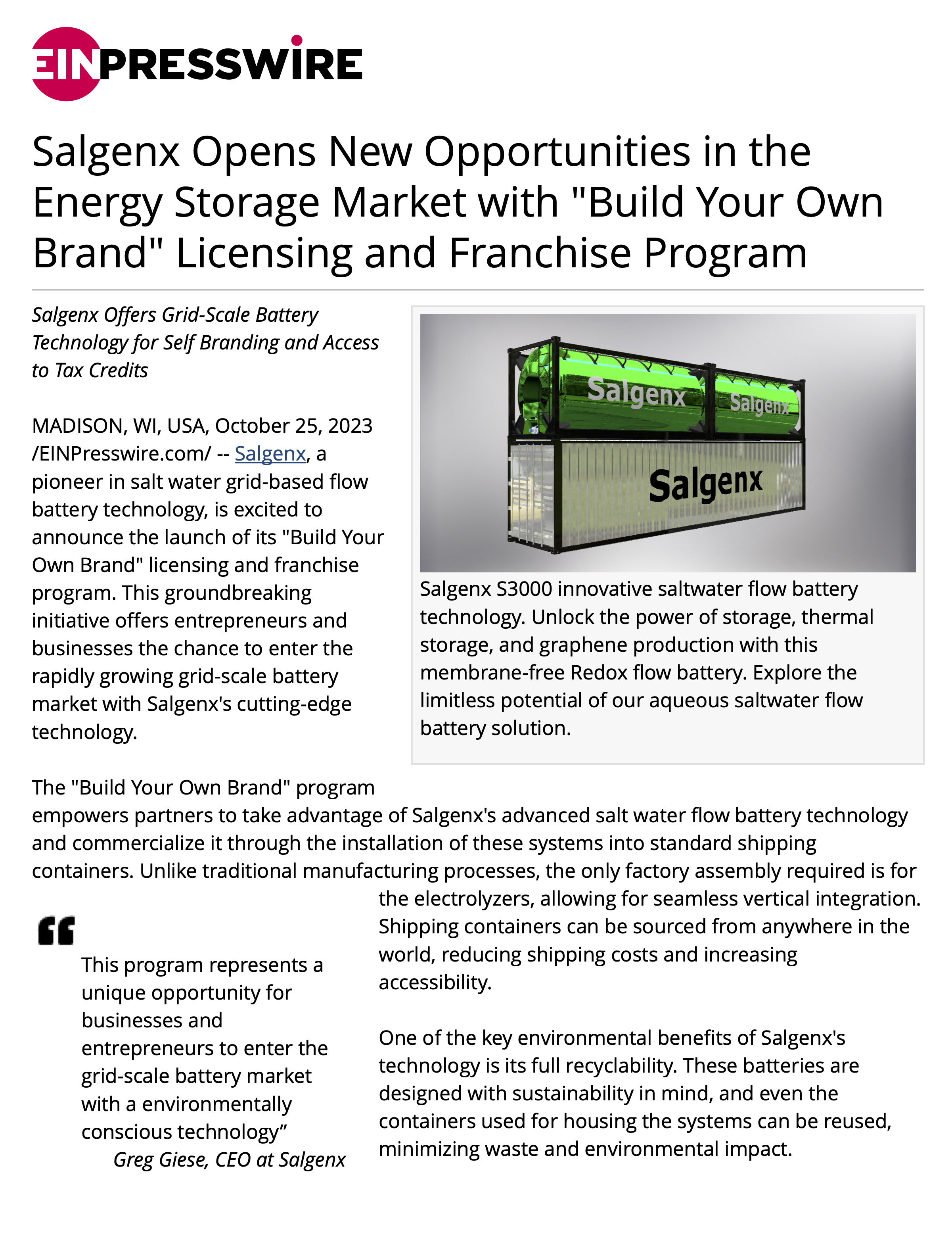 Salgenx Opens New Opportunities in the Energy Storage Market with Build Your Own Brand Licensing and Franchise Program
