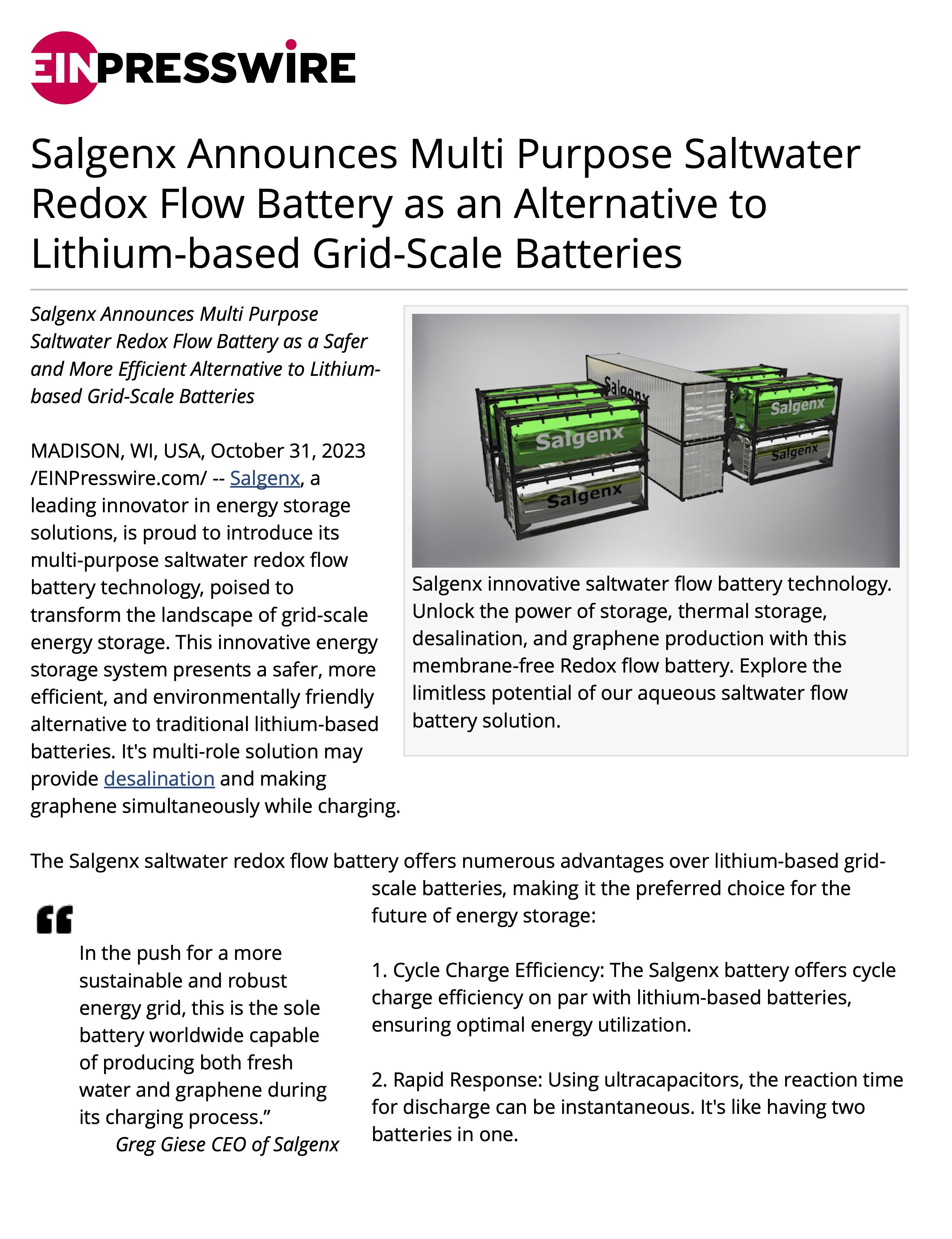 Salgenx Announces Multi Purpose Saltwater Redox Flow Battery as an Alternative to Lithium-based Grid-Scale Batteries