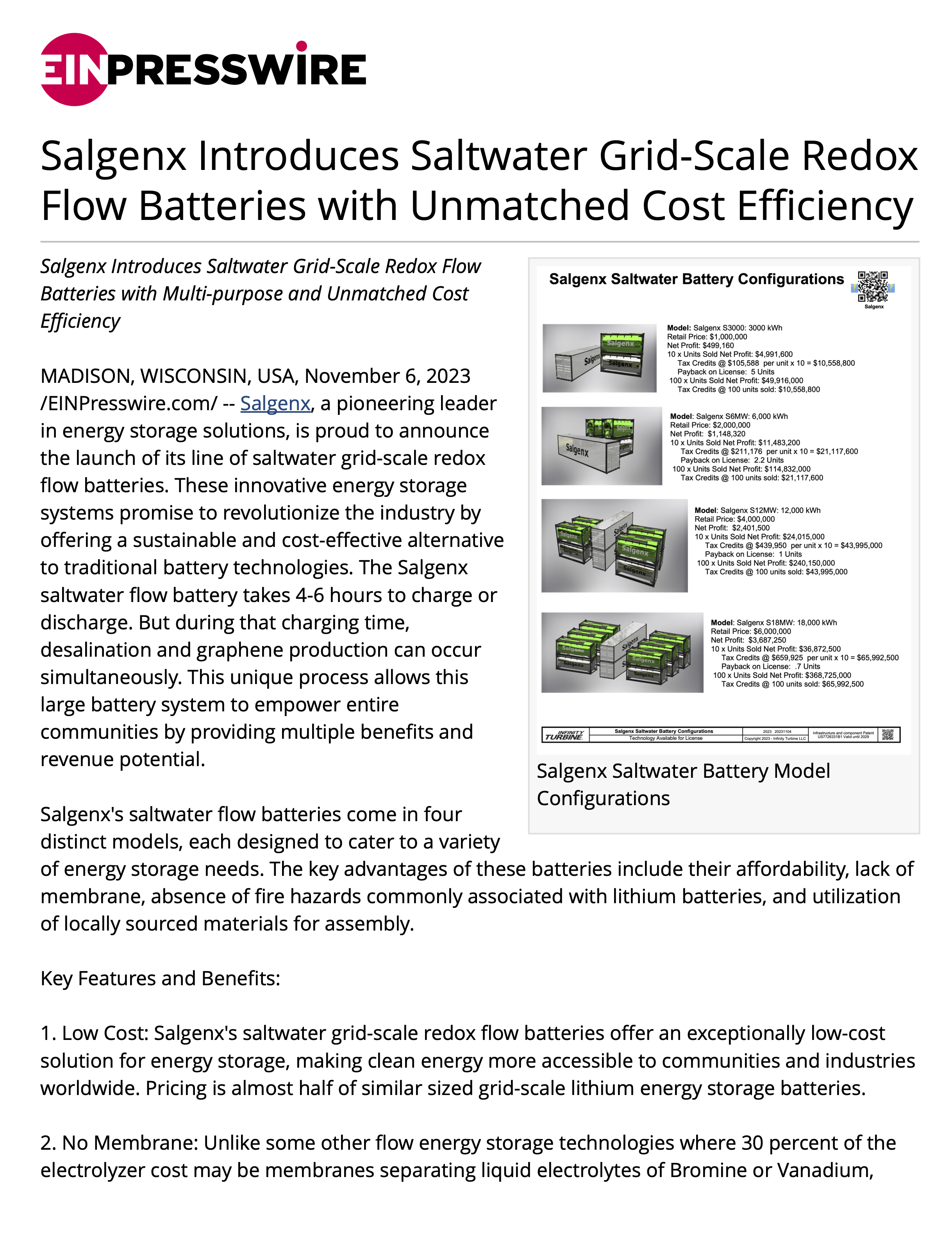 Salgenx Introduces Saltwater Grid-Scale Redox Flow Batteries with Unmatched Cost Efficiency