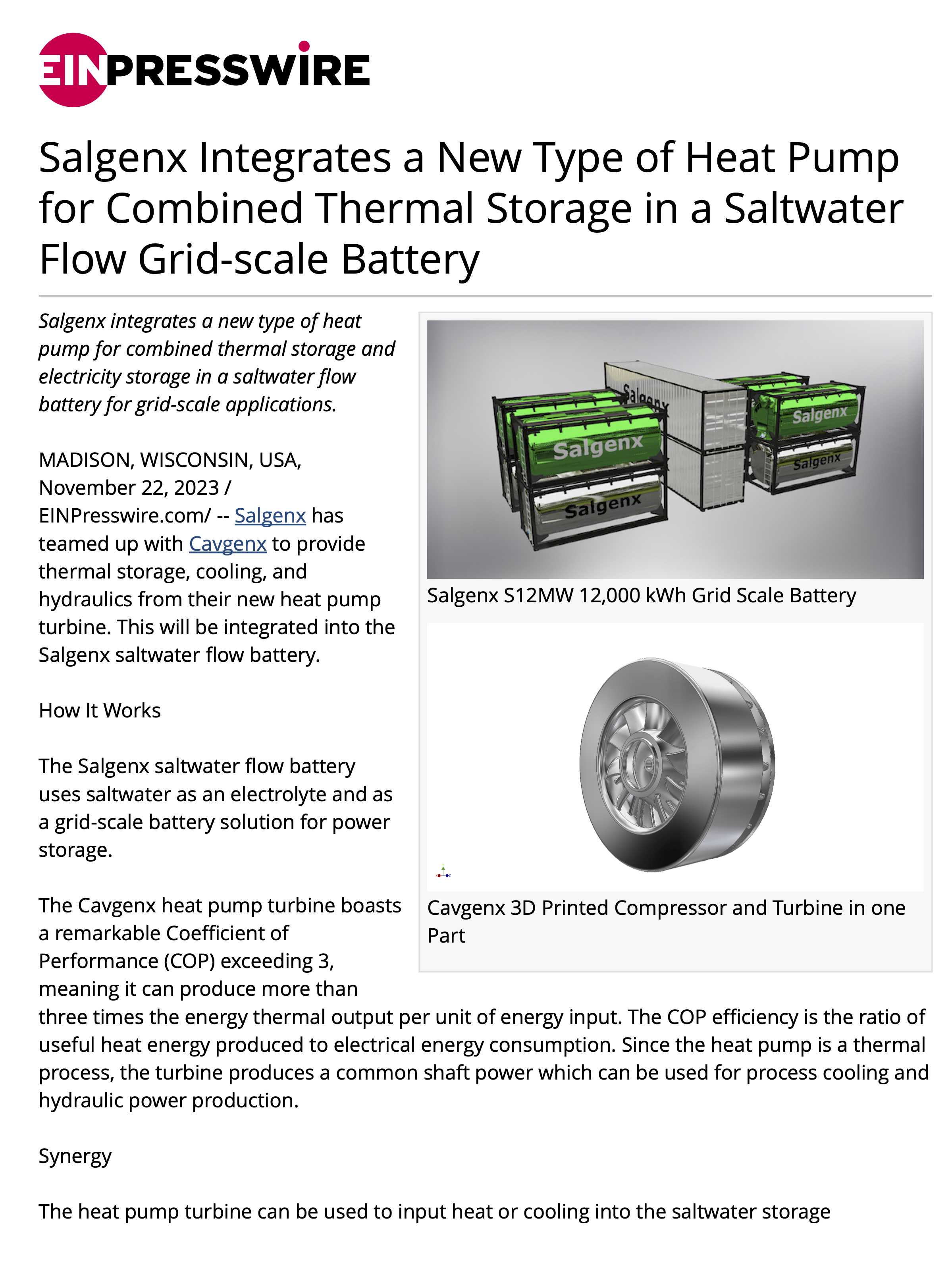 Salgenx Integrates a New Type of Heat Pump for Combined Thermal Storage in a Saltwater Flow Grid-scale Battery