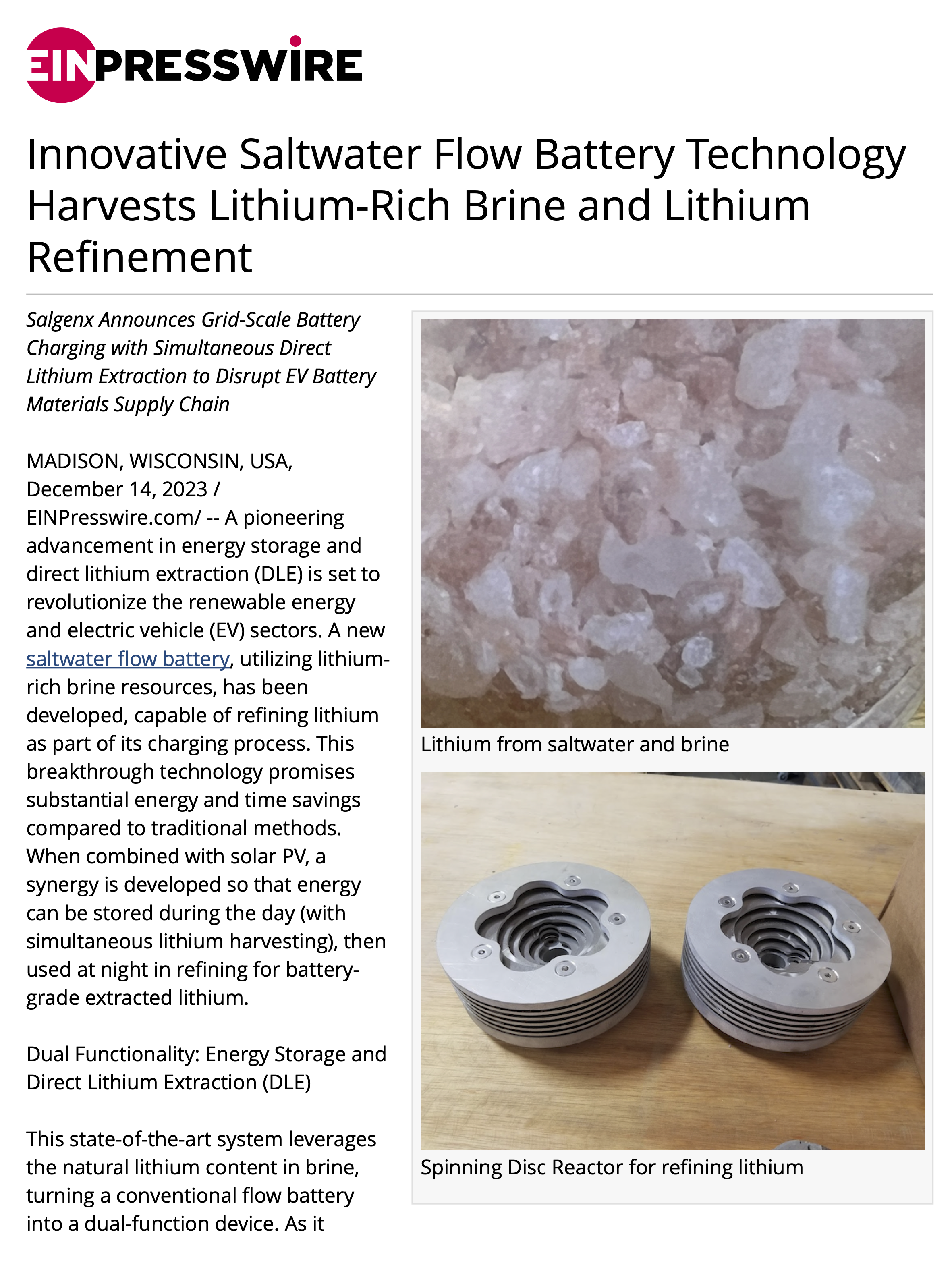 Innovative Saltwater Flow Battery Technology Harvests Lithium-Rich Brine and Lithium Refinement