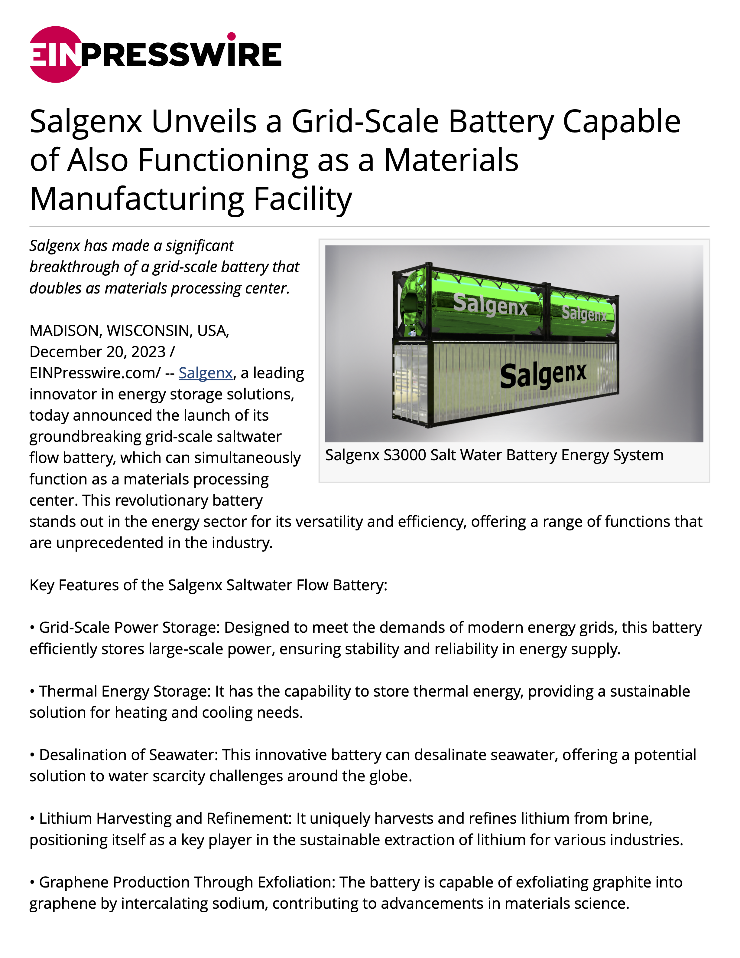 Salgenx Unveils a Grid-Scale Battery Capable of Also Functioning as a Materials Manufacturing Facility