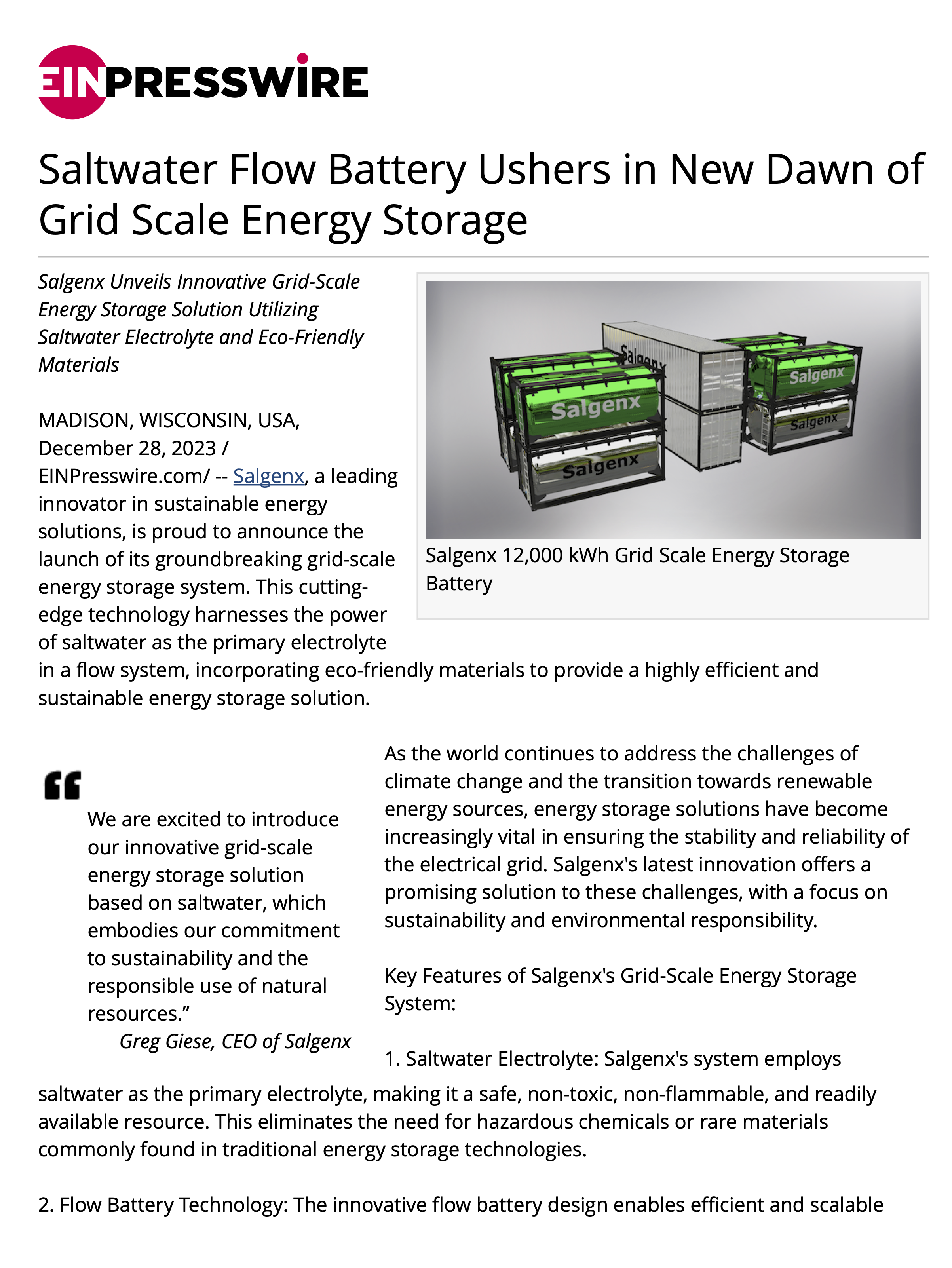 Saltwater Flow Battery Ushers in New Dawn of Grid Scale Energy Storage