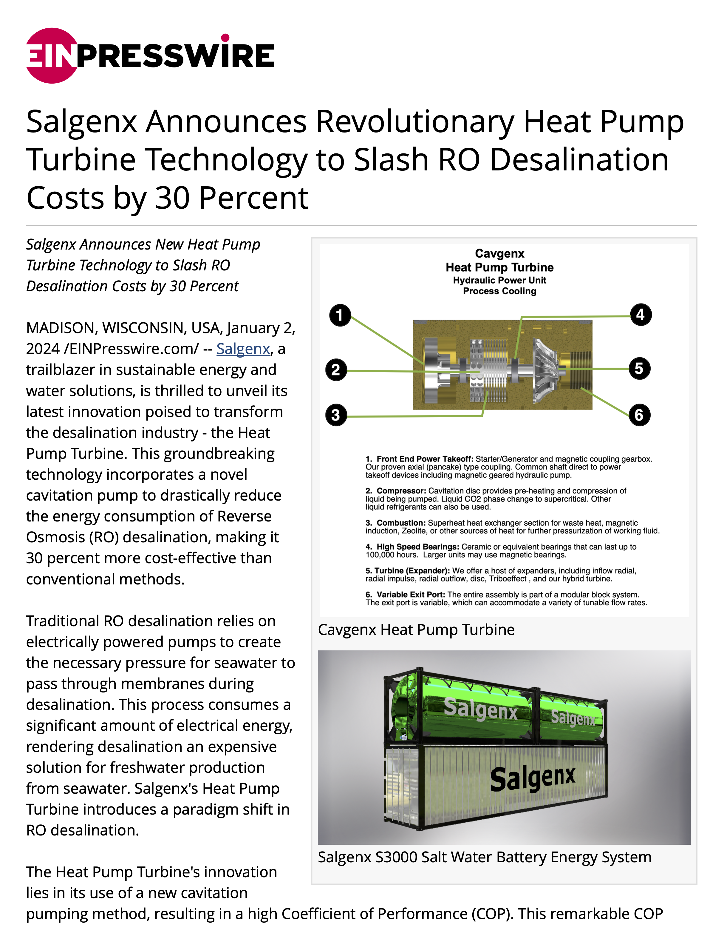 Salgenx Announces Revolutionary Heat Pump Turbine Technology to Slash RO Desalination Costs by 30 Percent