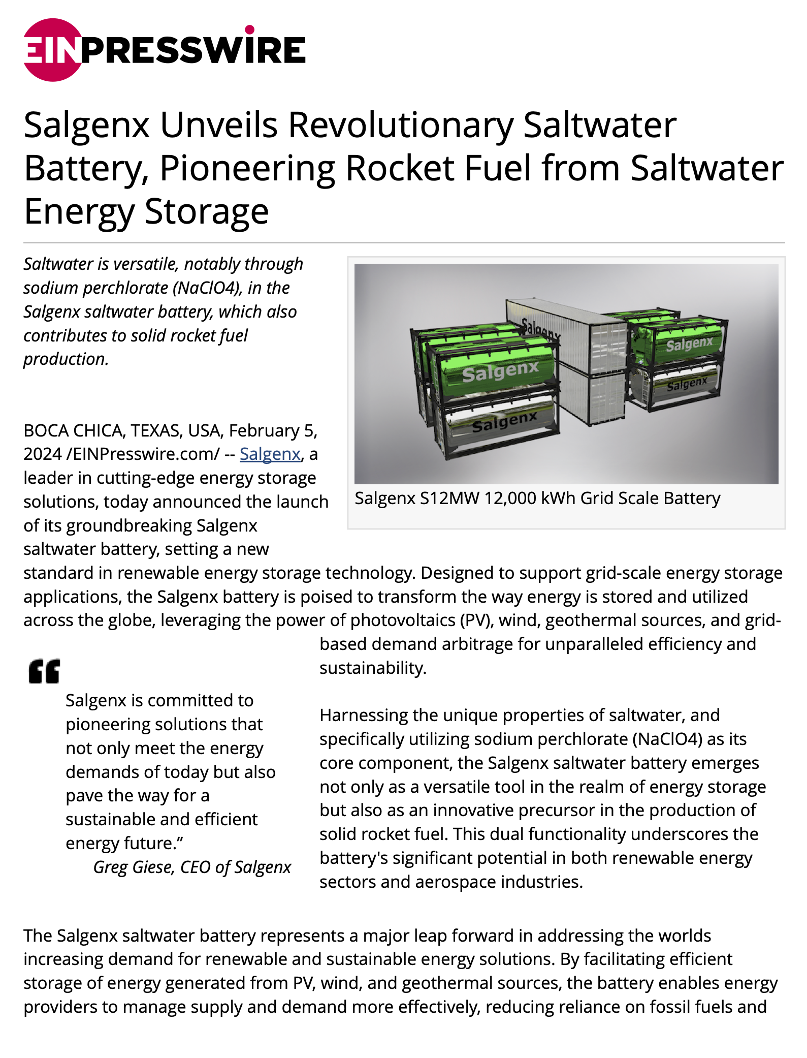 Salgenx Unveils Revolutionary Saltwater Battery, Pioneering Rocket Fuel from Saltwater Energy Storage