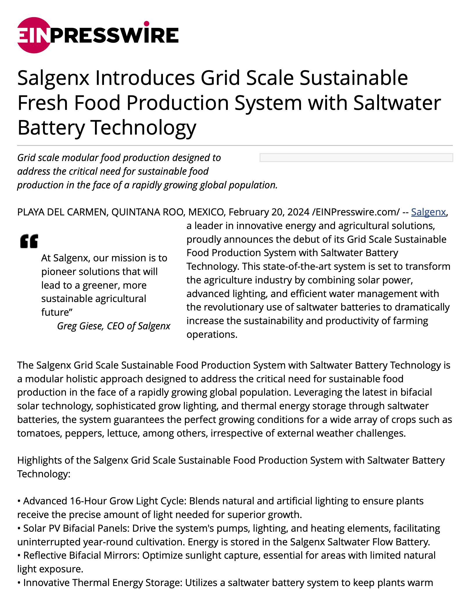 Salgenx Introduces Grid Scale Sustainable Fresh Food Production System with Saltwater Battery Technology