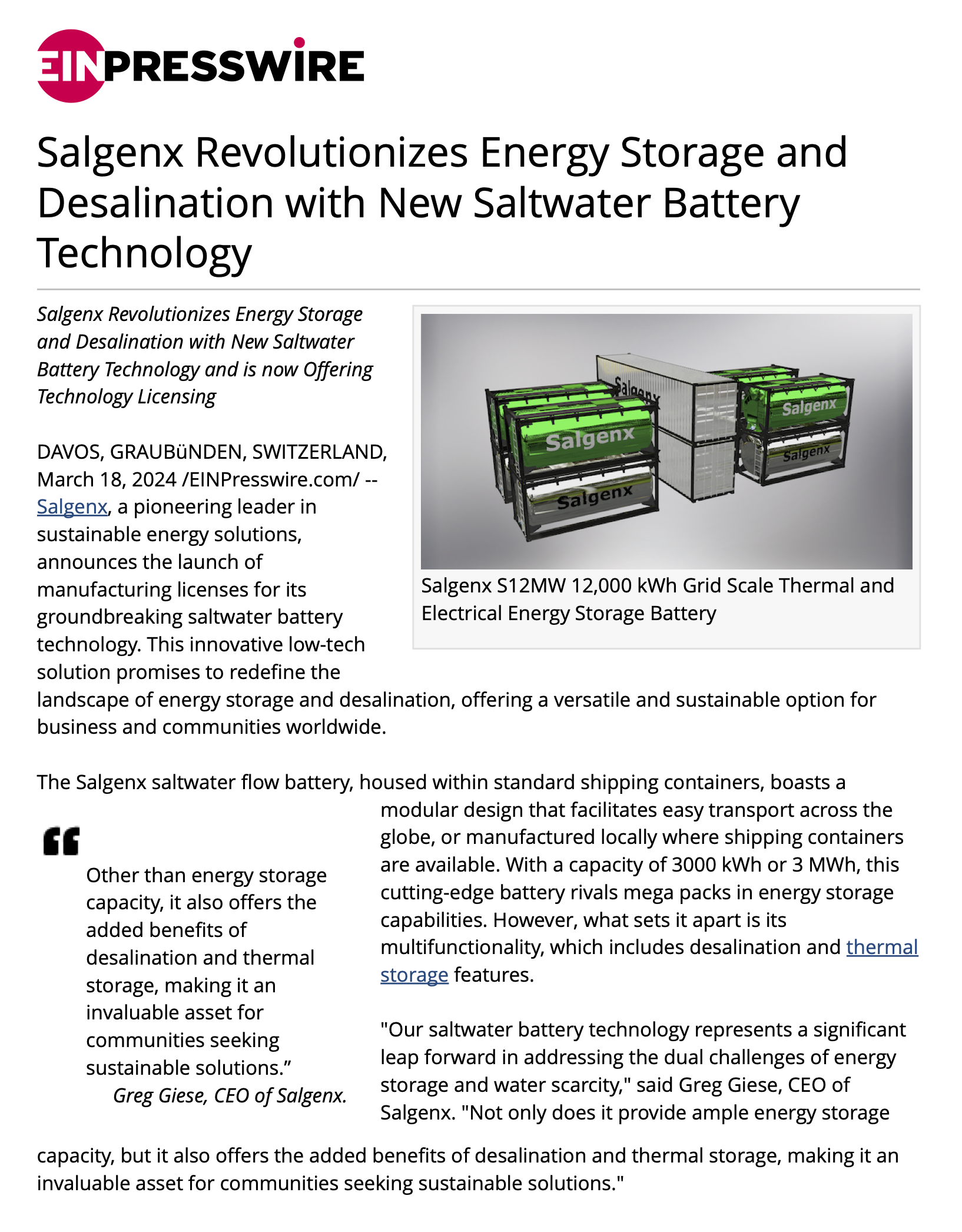 Salgenx Revolutionizes Energy Storage and Desalination with New Saltwater Battery Technology