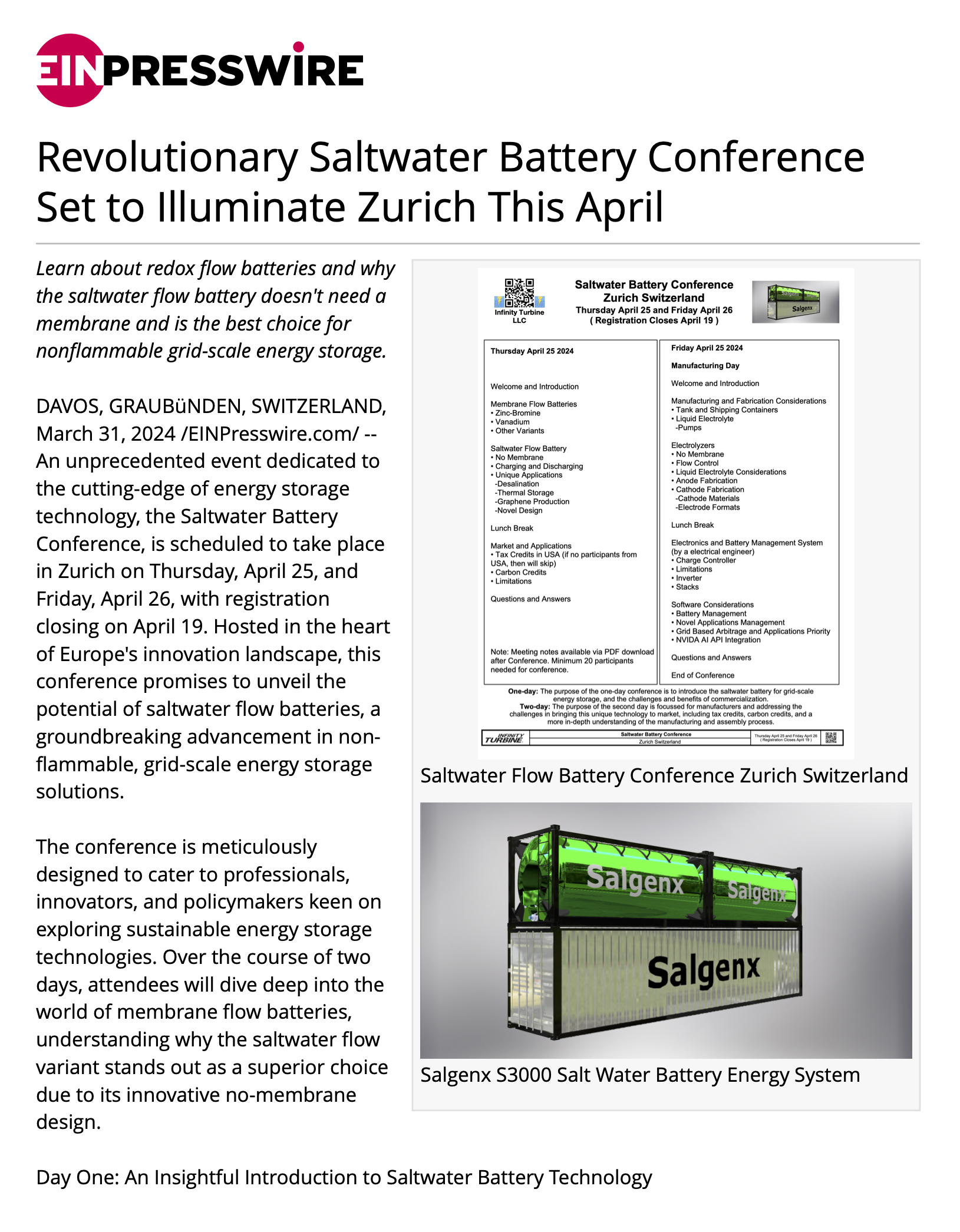Revolutionary Saltwater Battery Conference Set to Illuminate Zurich This April