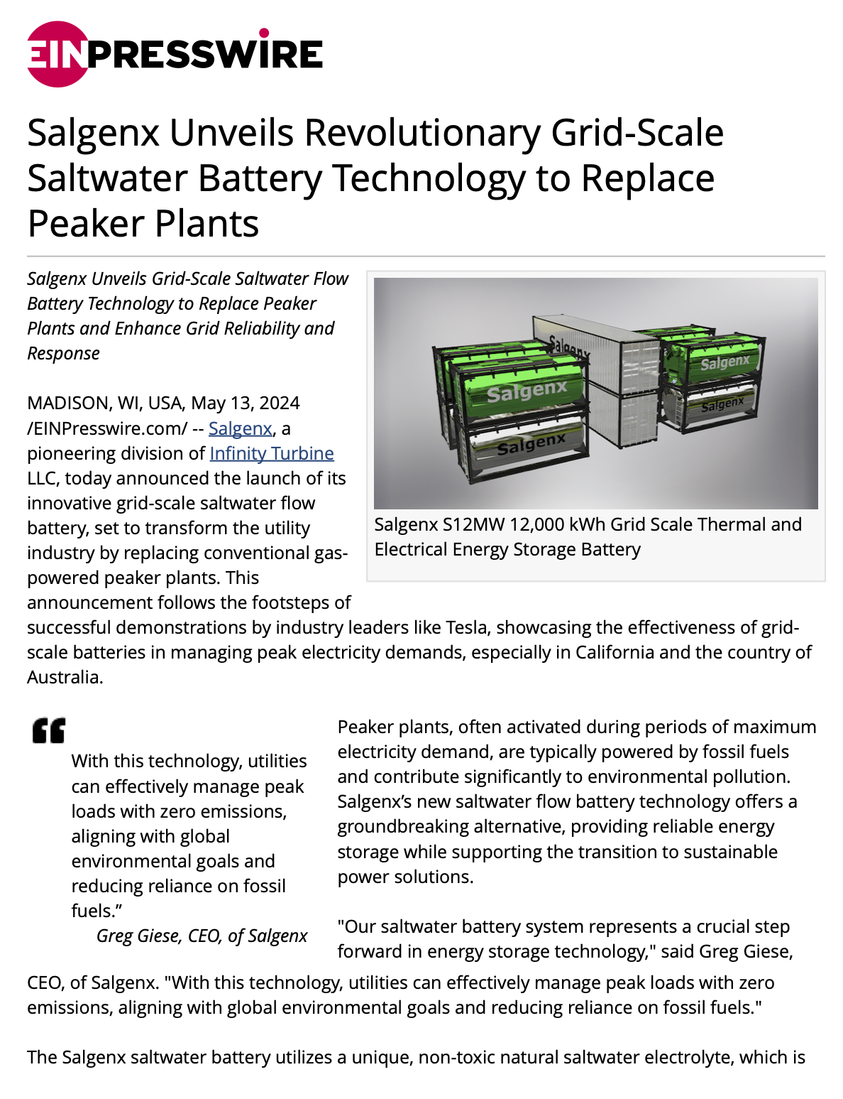 Salgenx Unveils Revolutionary Grid-Scale Saltwater Battery Technology to Replace Peaker Plants