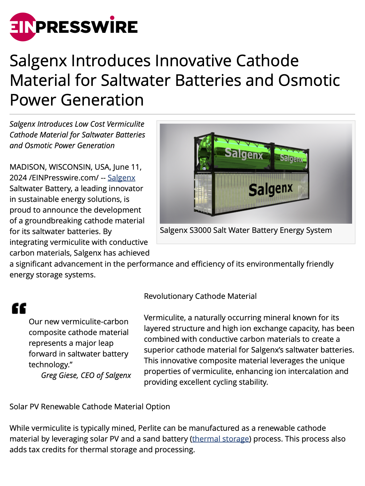 Salgenx Introduces Innovative Cathode Material for Saltwater Batteries and Osmotic Power Generation