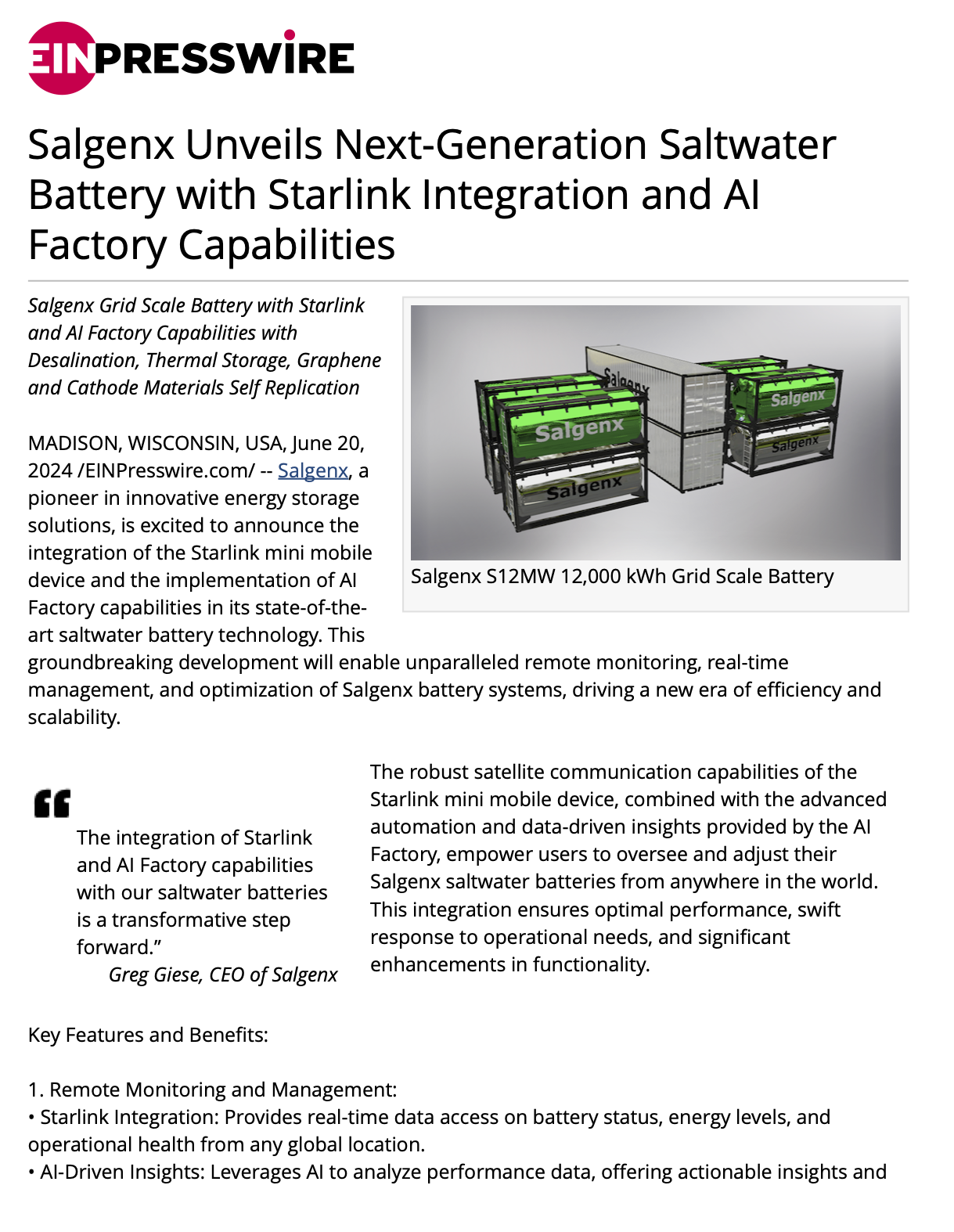 Salgenx Unveils Next-Generation Saltwater Battery with Starlink Integration and AI Factory Capabilities